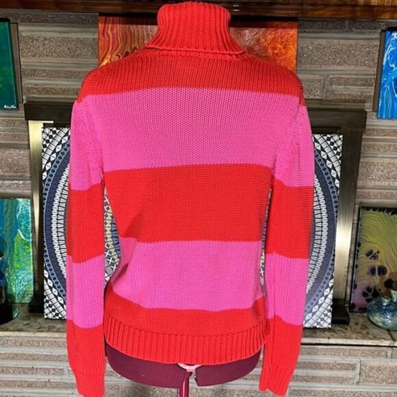 Isaac Mizrahi Womens Pink & Red Rugby Striped Knit Turtleneck Sweater Size Small - Picture 5 of 10